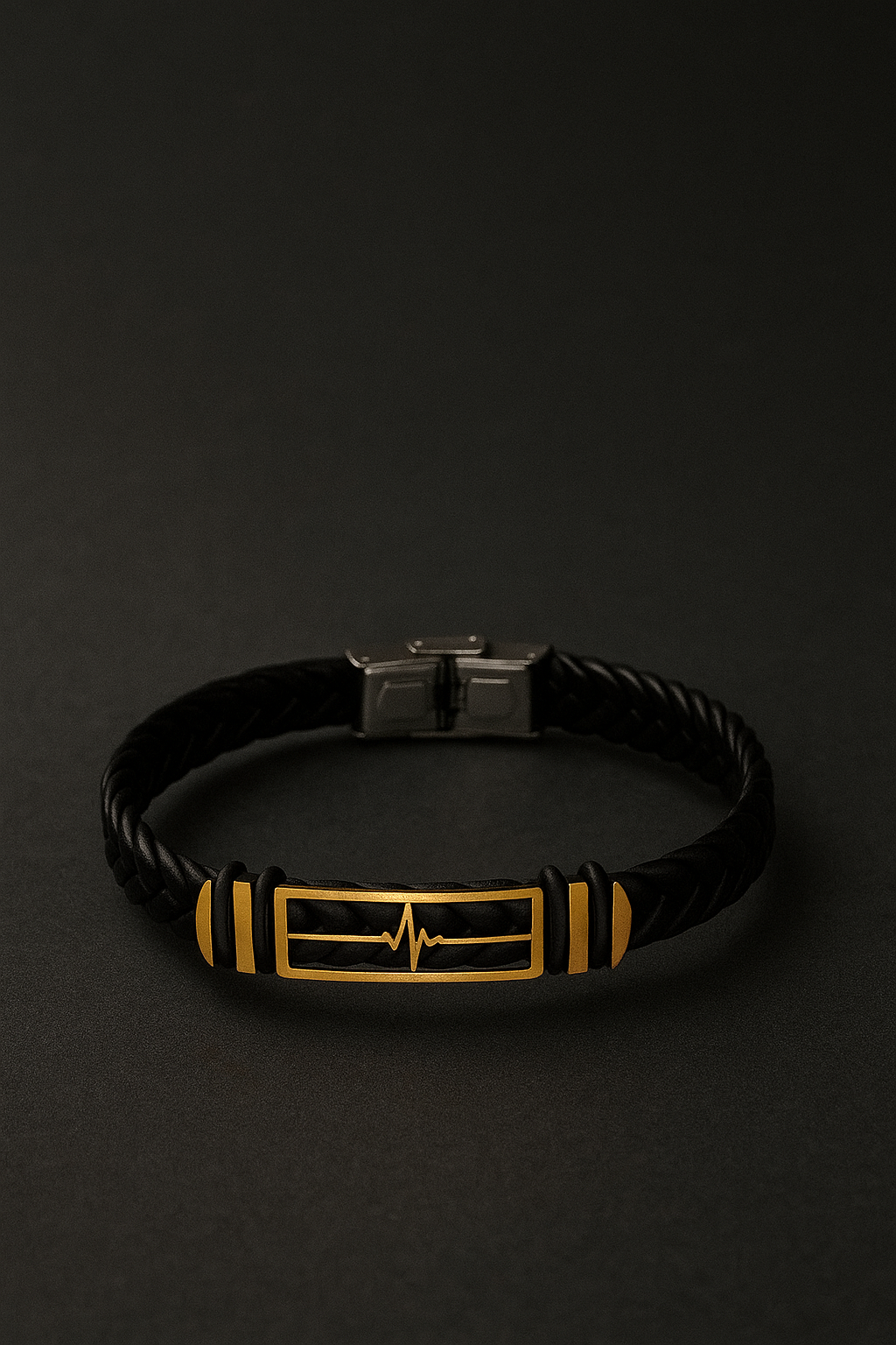 Blinkon Store Men's Braided Black Leather Bracelet with Gold Heartbeat Pulse Accent