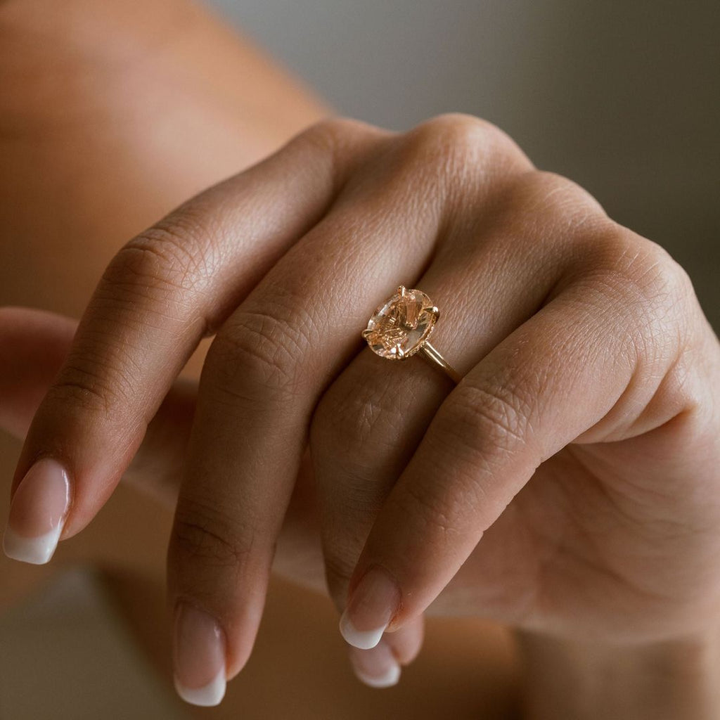 Minimalist Peach Morganite-Style Oval Cut Crystal Rose Gold Solitaire Ring for Women