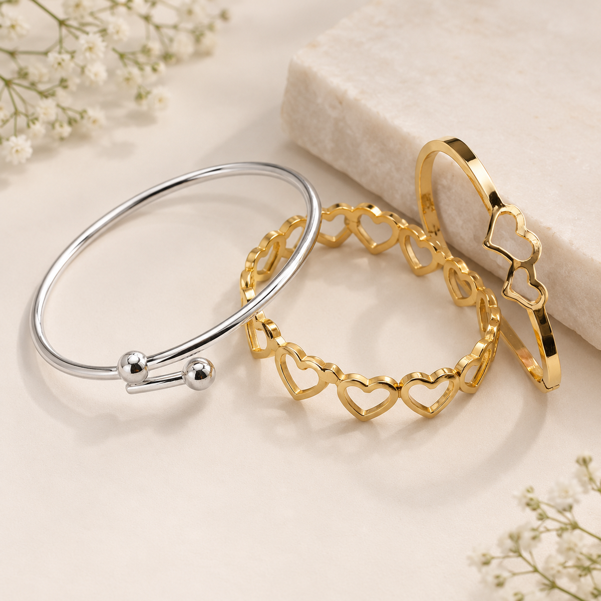 Minimalist Gold & Silver Open Cuff Bangle Bracelet Set