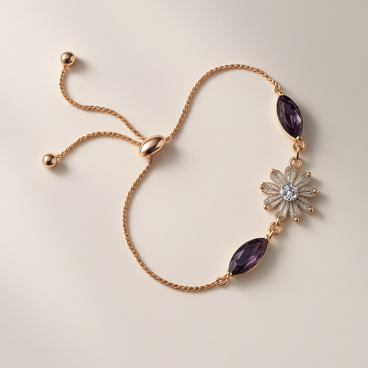 Floral Charm Bracelet with Amethyst Stones & CZ Centerpiece