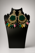 Antique Gold Dark Green Kundan Statement Earrings with Multicolor Beads
