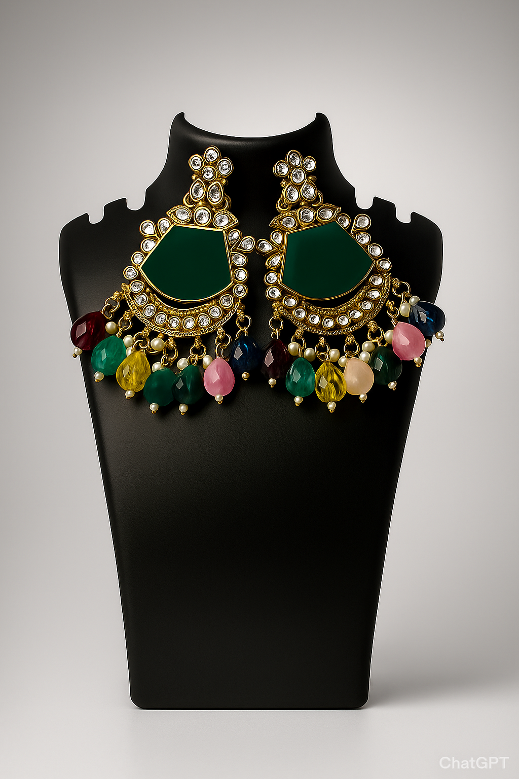 Antique Gold Dark Green Kundan Statement Earrings with Multicolor Beads