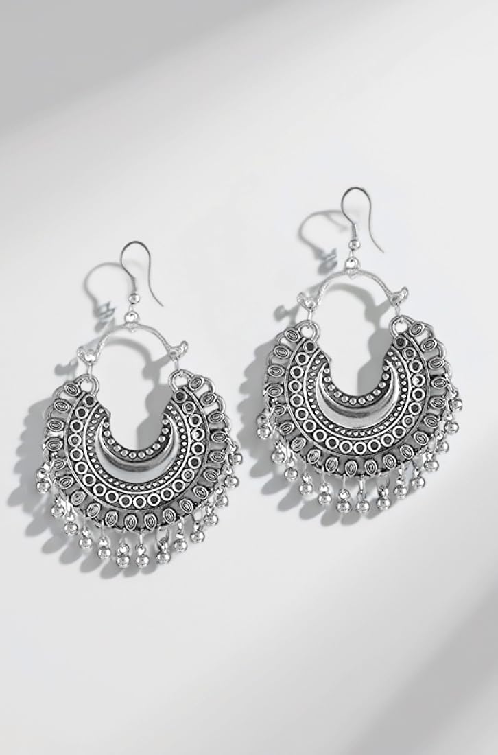 Traditional Oxidised Silver Boho Chandbali Statement Earrings