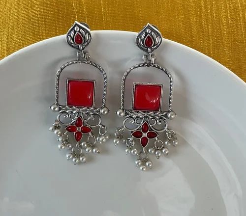 Oxidised Silver Red Square Stone Dangler Earrings with Pearl Clusters for Women
