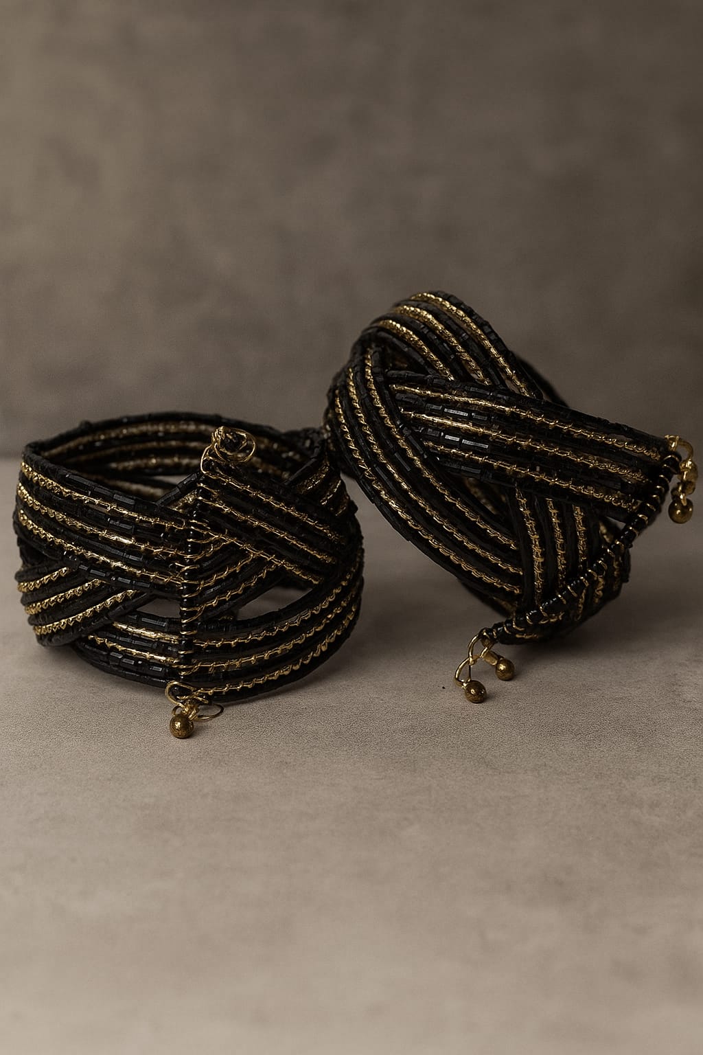 Ethnic Black Bugle Beaded Multi-Layered Kada Bracelet Set for Women