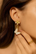 White Enamel Flower Stud & Butterfly Charm Dangle Earrings in Gold