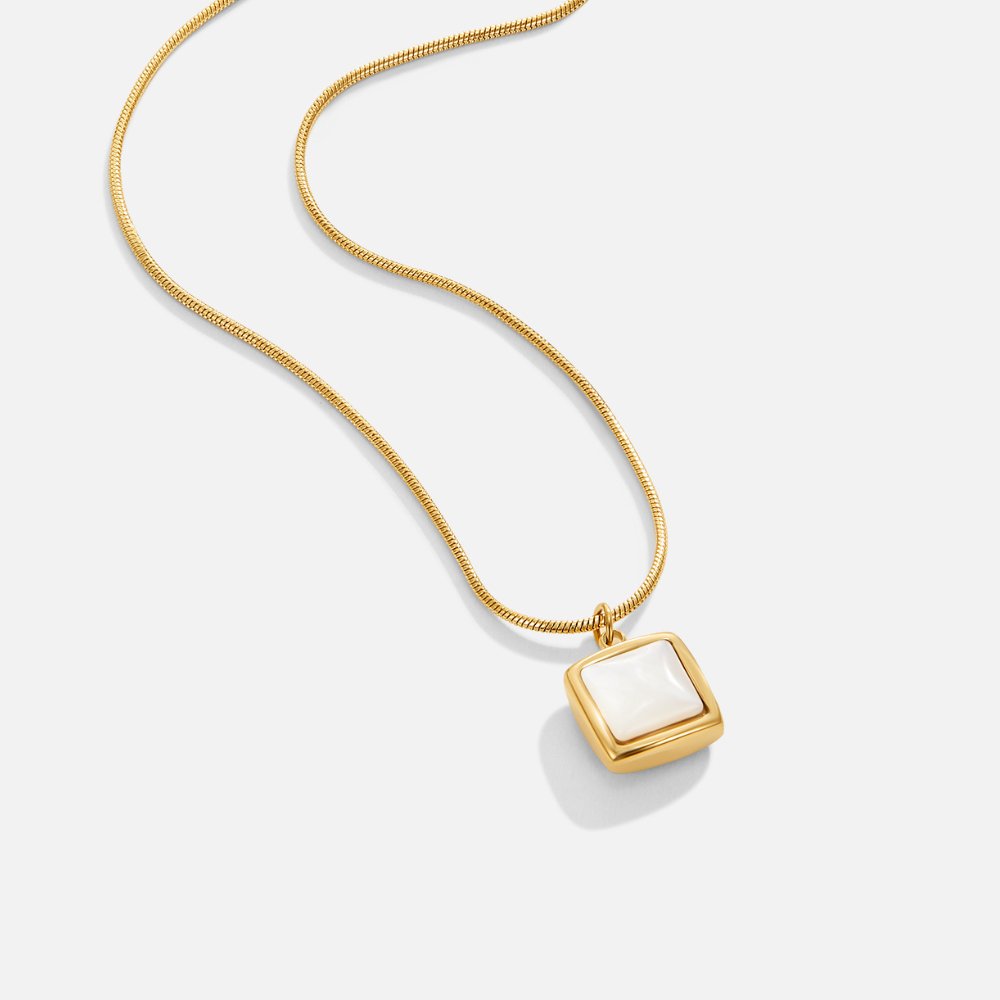 Minimalist Square Mother of Pearl Gold Slide Pendant Necklace | Waterproof & Hypoallergenic Dainty Snake Chain