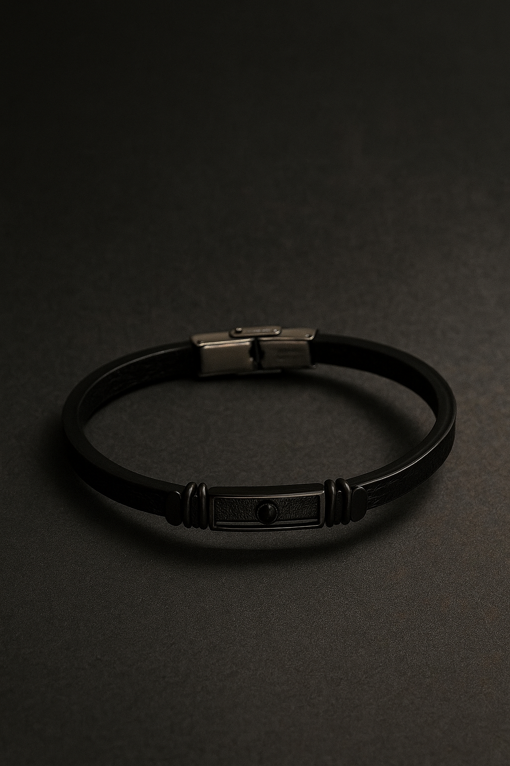 Blinkon Store Men's All-Black Leather Bracelet with Stainless Steel Accent