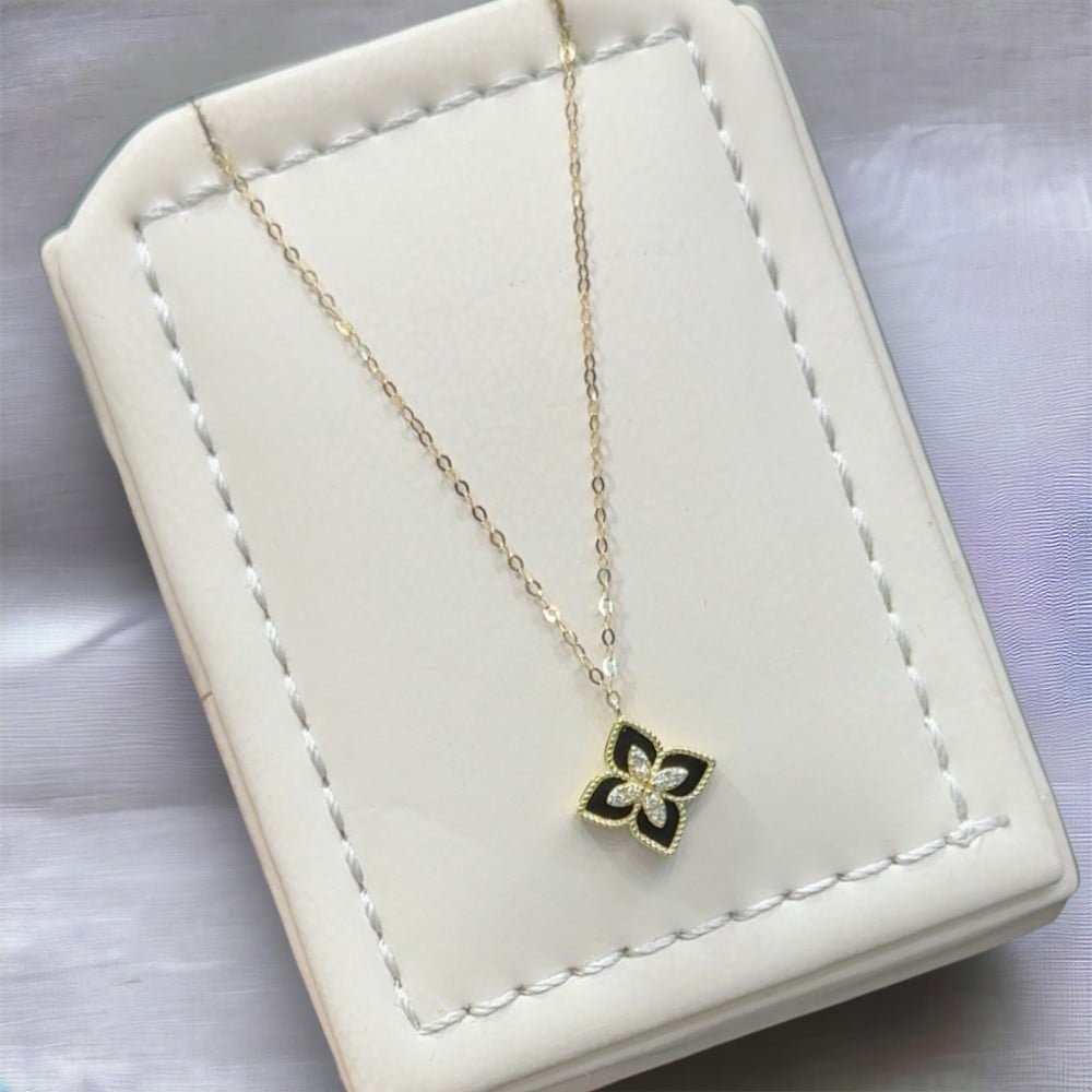 Minimalist Black Onyx Style Floral Charm Pendant Necklace in Gold Finish for Women