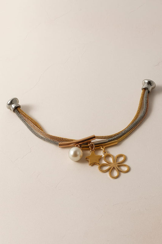 Dual-Tone Charm Bracelet with Pearl, Star & Floral Pendants