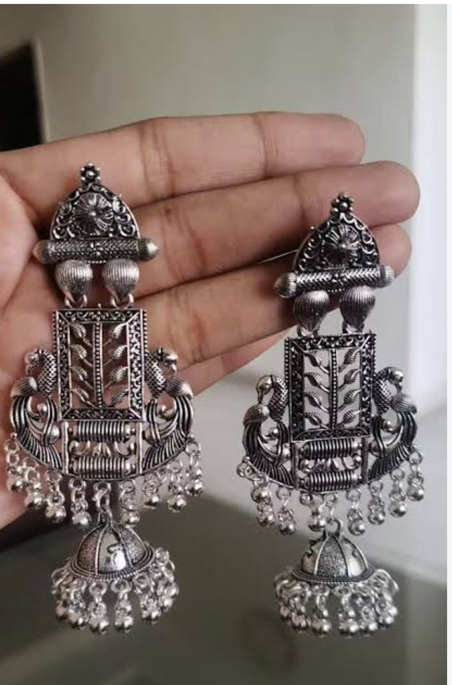 Ethnic Oxidized Silver Floral Statement Earrings with Ghungroo Drops