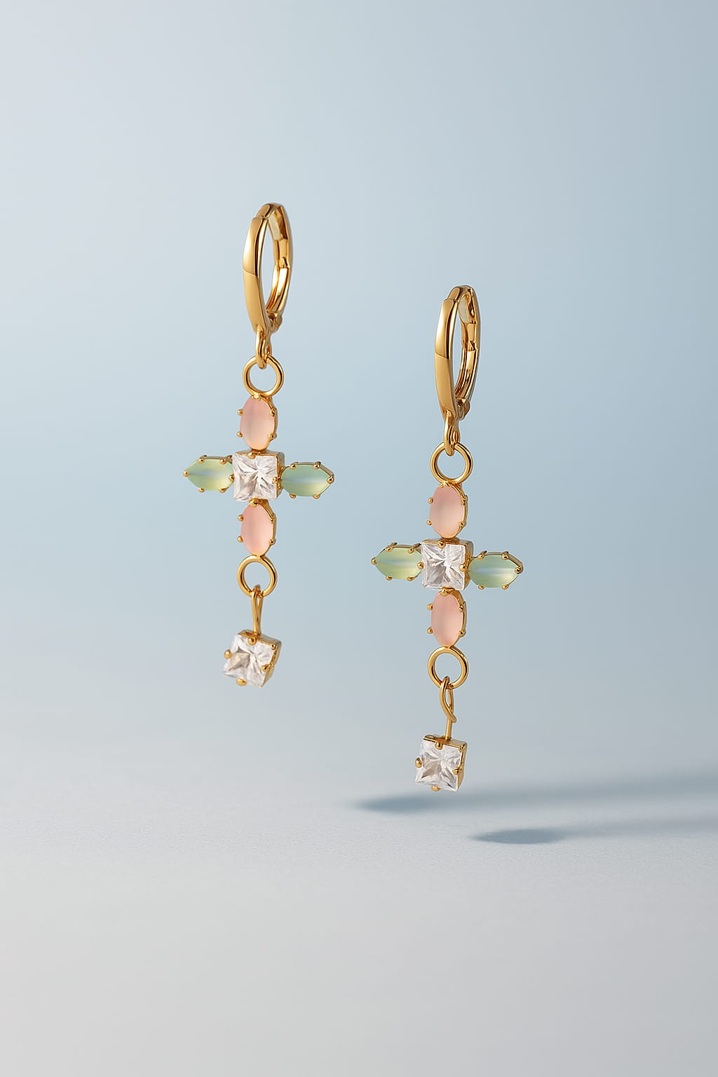 Elegant Gold-Plated Pastel Crystal Cross Dangle Earrings