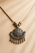 Blinkon Store Oxidized Silver Floral Crest Pendant Necklace with Ghungroo Drops