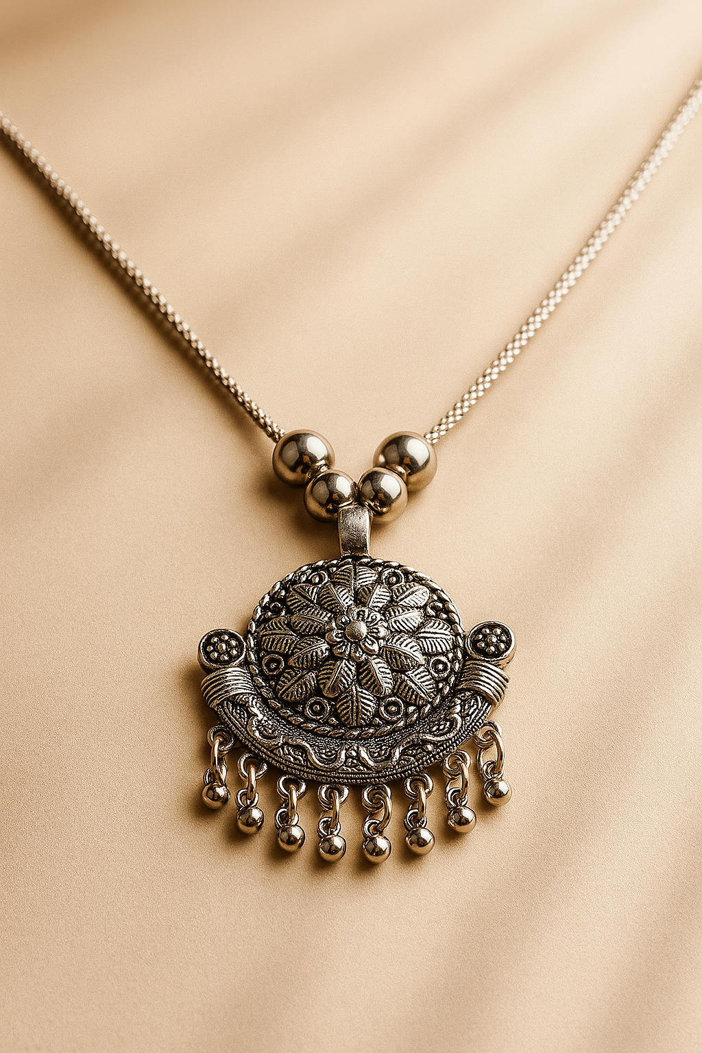 Blinkon Store Oxidized Silver Floral Crest Pendant Necklace with Ghungroo Drops