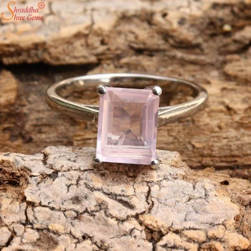 Classic Silver Plated Emerald Cut Soft Pink Crystal Solitaire Ring