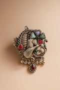 Traditional Oxidized Silver Peacock & Floral Statement Ring