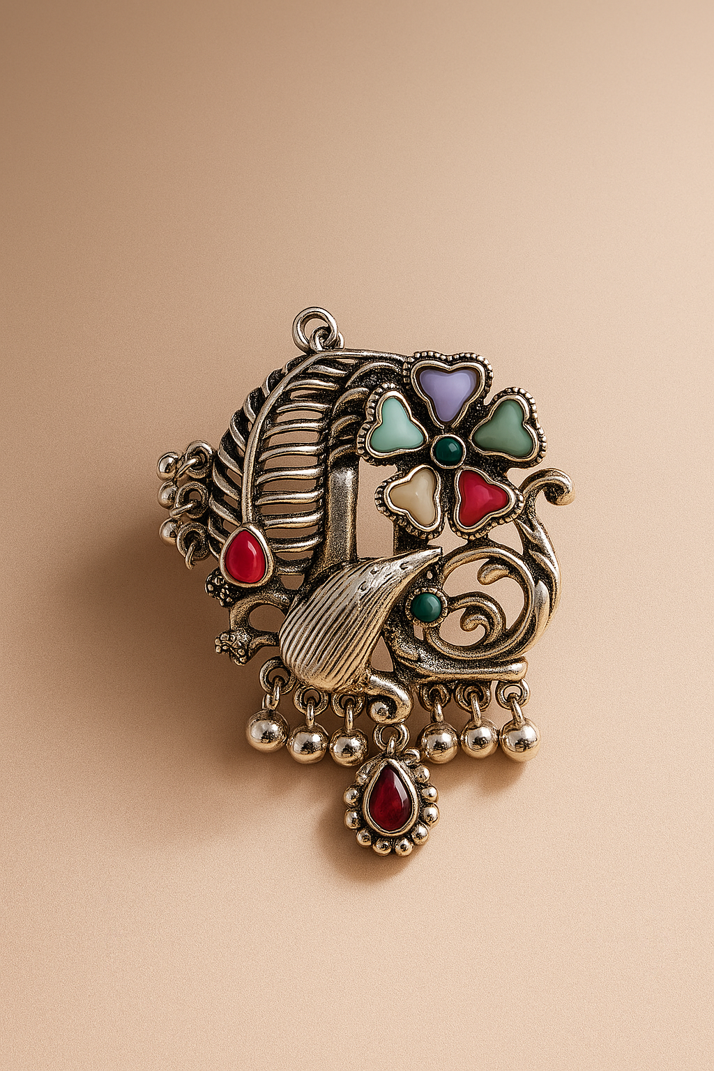 Traditional Oxidized Silver Peacock & Floral Statement Ring