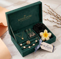 Luxury Emerald Green Velvet Jewelry Box Hamper Set | Gold Heart Necklace, White Clover Bracelet, Oxidised Jhumkas & Hair Accessories Gift Combo