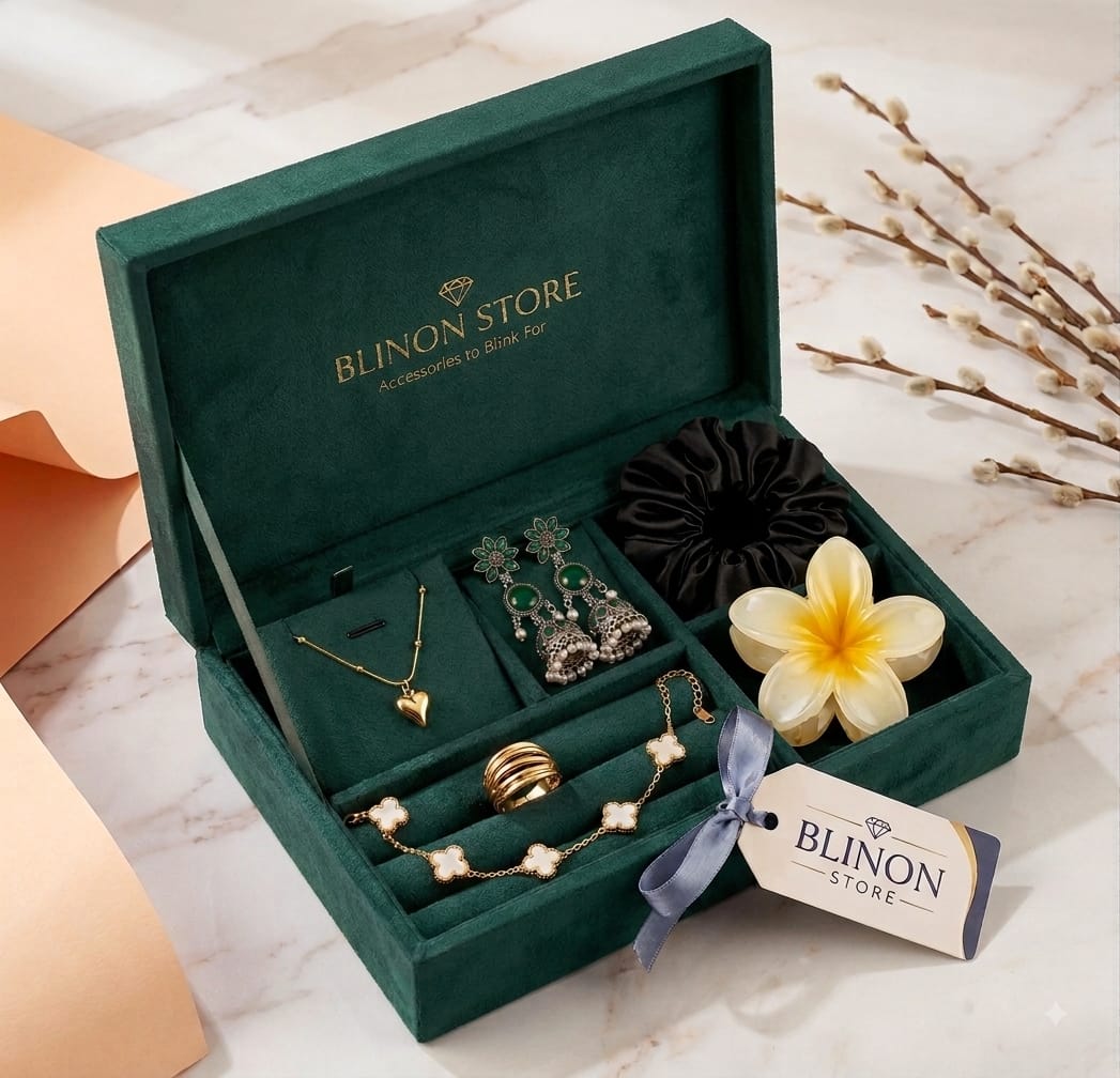Luxury Emerald Green Velvet Jewelry Box Hamper Set | Gold Heart Necklace, White Clover Bracelet, Oxidised Jhumkas & Hair Accessories Gift Combo