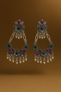 Antique Oxidised Silver Floral Chandbali Earrings with Green-Maroon Stones & Ghungroo Beads