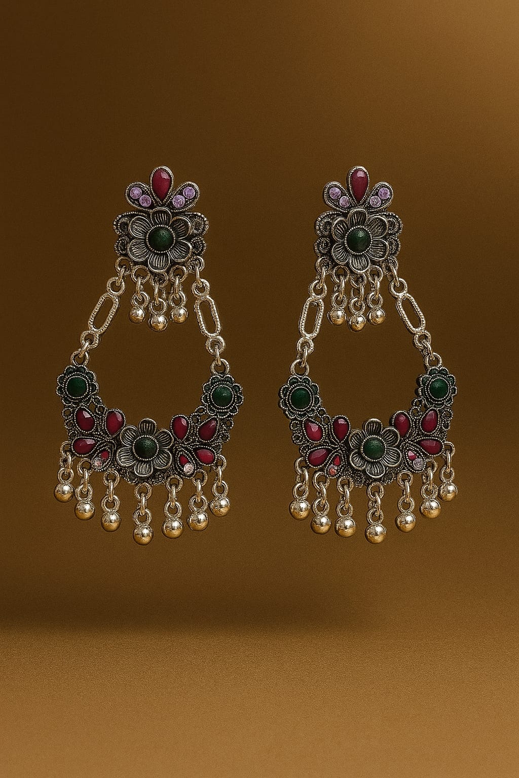 Antique Oxidised Silver Floral Chandbali Earrings with Green-Maroon Stones & Ghungroo Beads
