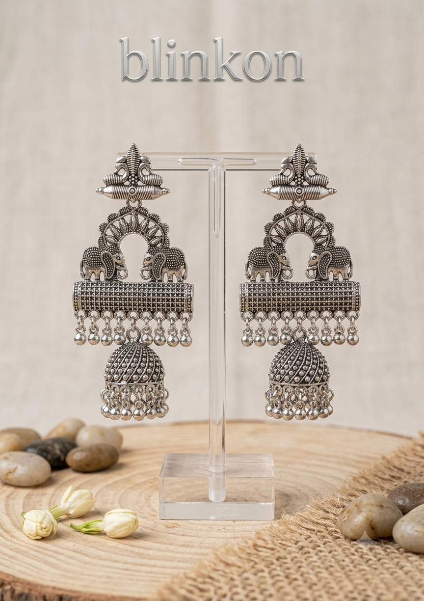 Ethnic Elephant Motif Oxidized Silver Statement Jhumka Earrings