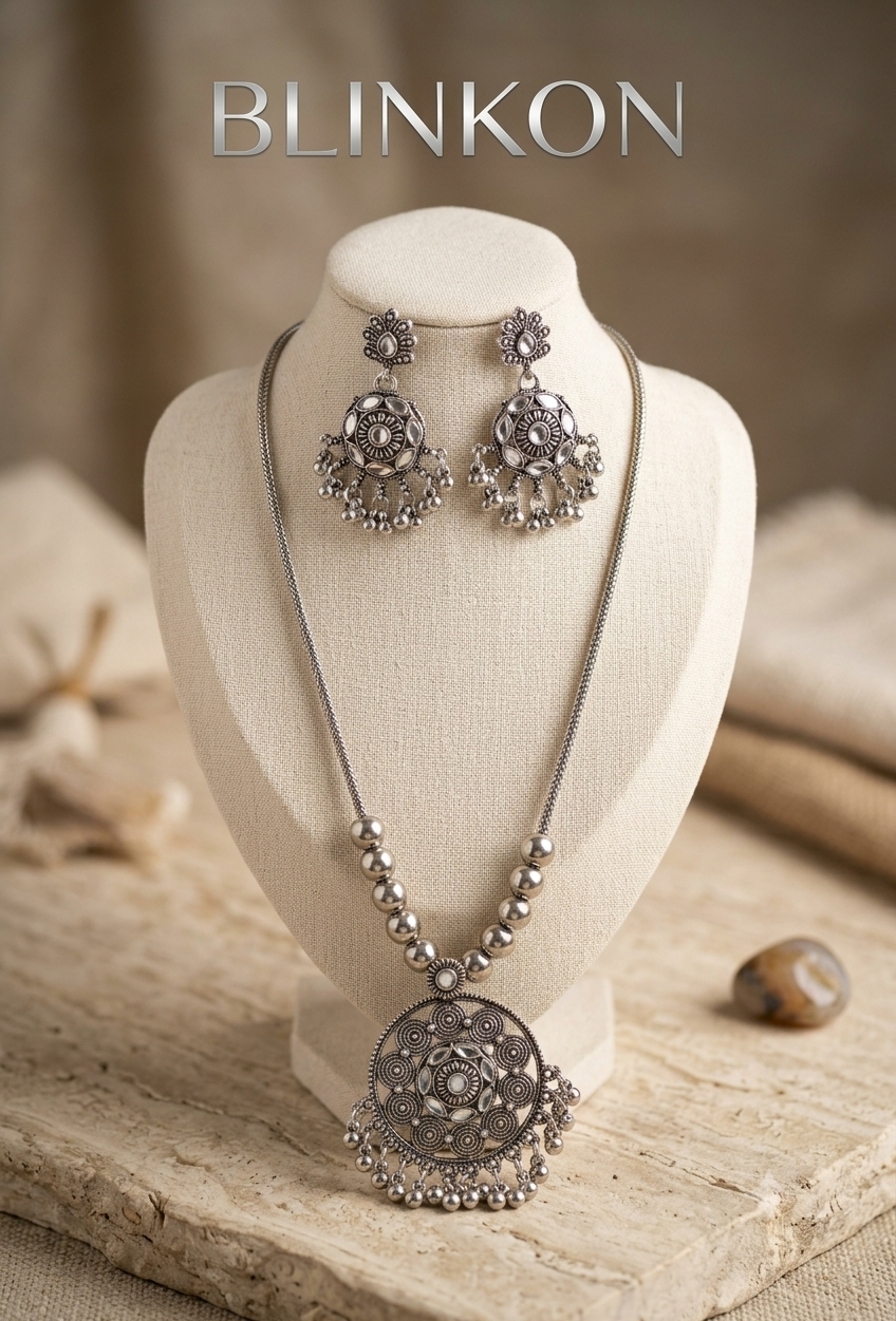 Traditional Circular Mirror Motif Oxidized Jewellery Set for Women