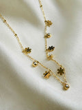 Dainty Gold Plated Floral Charm & Crystal Station Drop Choker Necklace