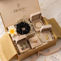 Luxury Gold Velvet Box Jewelry Gift Hamper Set | Gold Celestial Sunburst Necklace, Emerald Leaf Bracelet, Teardrop Ring, Oxidised Jhumkas & Hair Accessories Combo