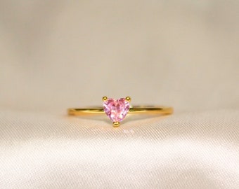 Minimalist Gold Plated Pink CZ Heart Solitaire Ring