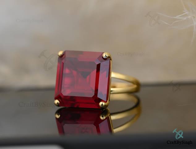 Royal Red Asscher Cut Crystal Gold Plated Solitaire Ring
