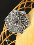 Ethnic Hexagonal Floral Filigree Oxidized Silver Statement Ring