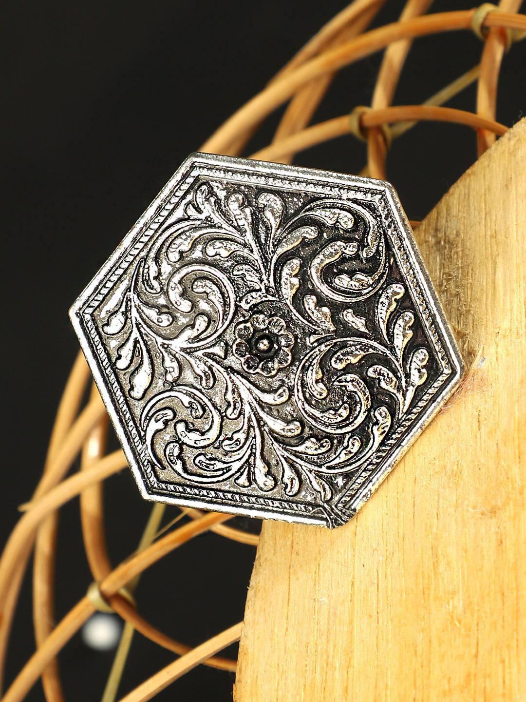 Ethnic Hexagonal Floral Filigree Oxidized Silver Statement Ring