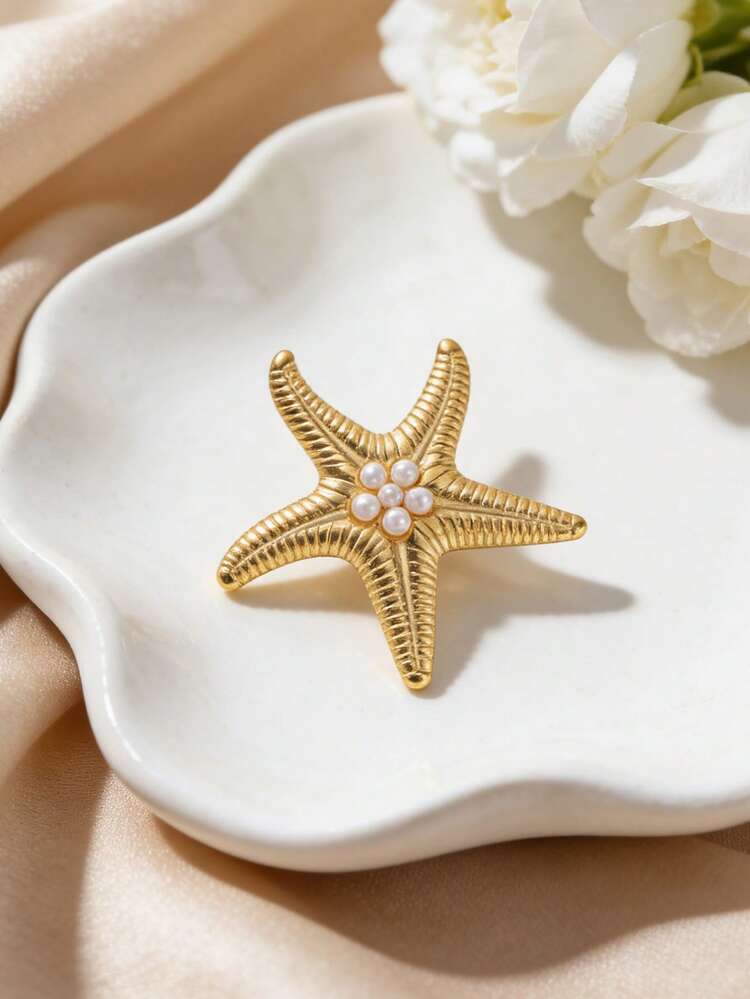 Golden Starfish Pearl Stud Earrings