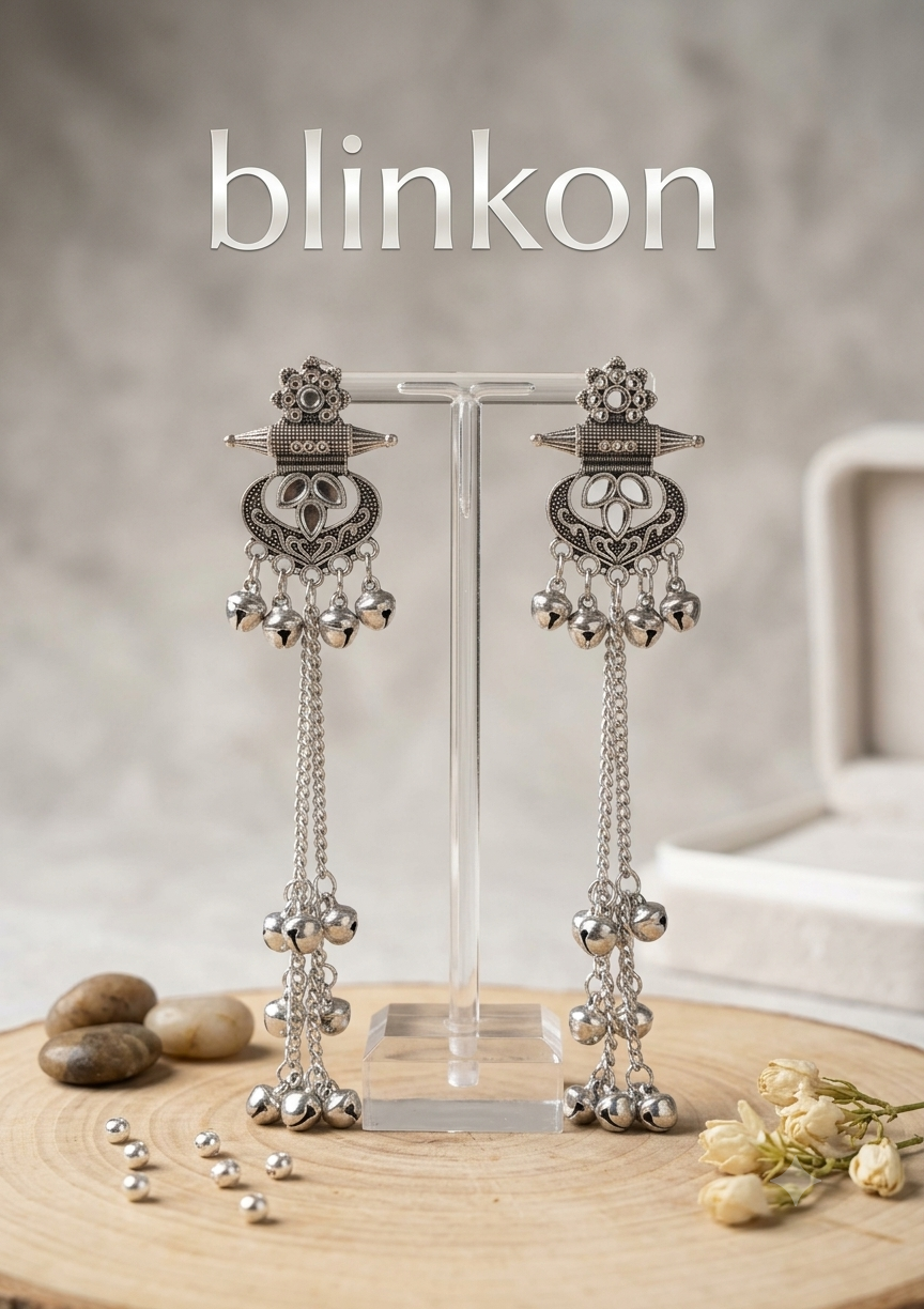 Ethnic Tribal Mirror Work Oxidized Silver Long Chain Tassel Earrings