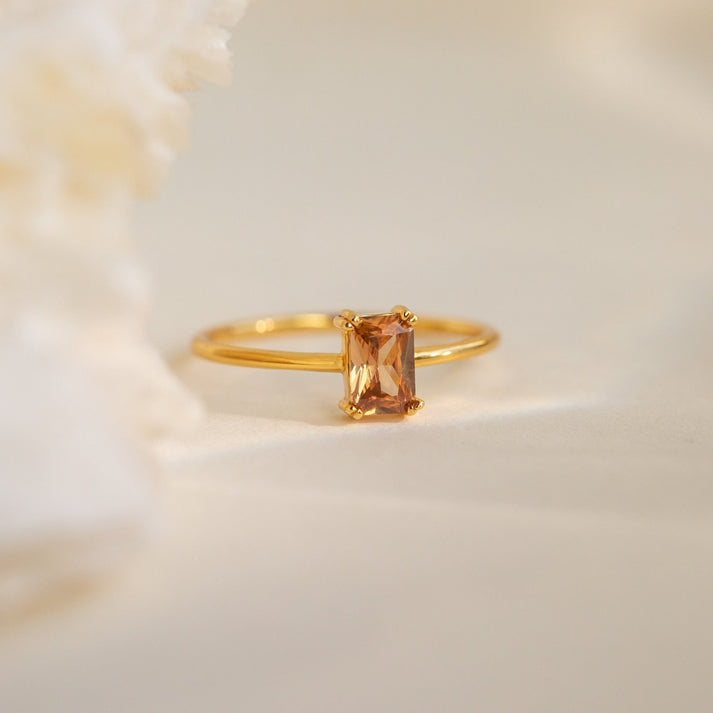 Minimalist Peach Topaz Emerald-Cut Crystal Gold Solitaire Ring for Women