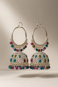 Silver Plated Hoop Style Pearl & Pastel Stone Jhumkas | Traditional Indo-Western Earrings