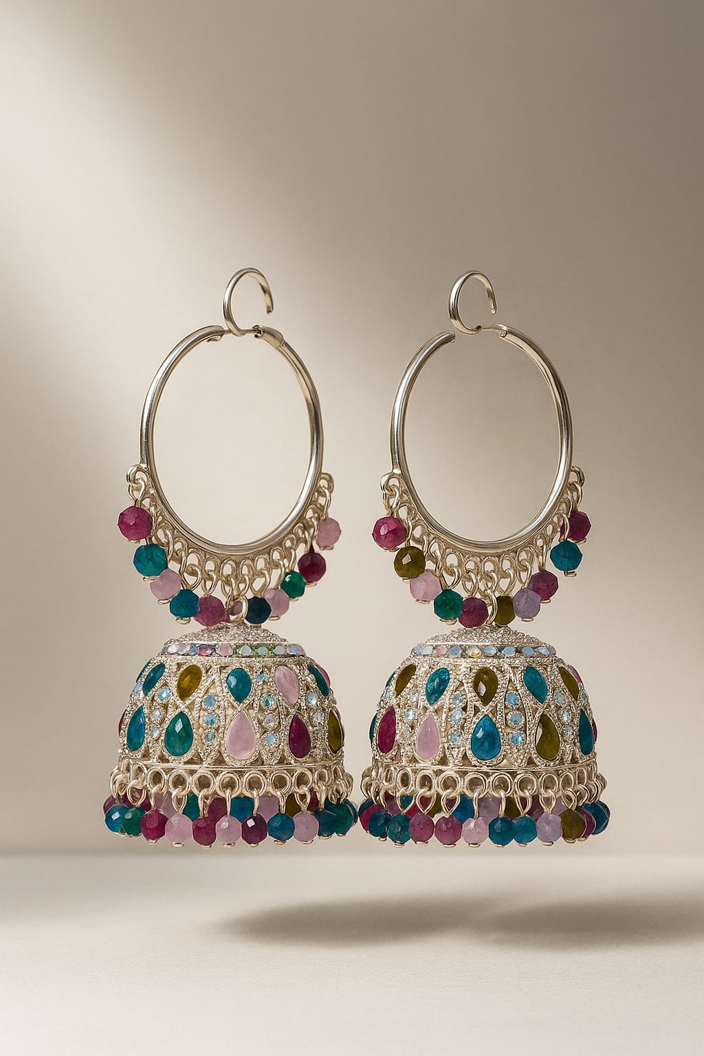 Silver Plated Hoop Style Pearl & Pastel Stone Jhumkas | Traditional Indo-Western Earrings
