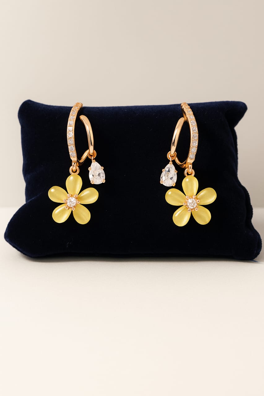 Blinkon Store Yellow Flower Charm Rose Gold Hoop Earrings with Crystal Drop