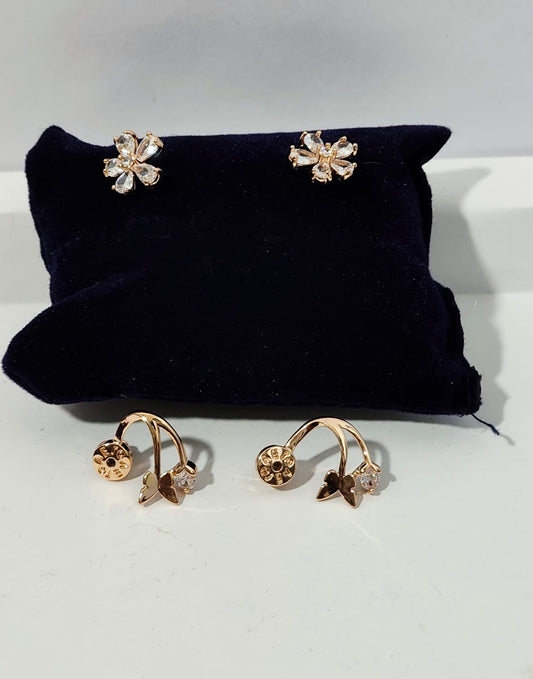 Dual-Style Gold Floral Stud & Jacket Earrings Set with Crystal Detailing