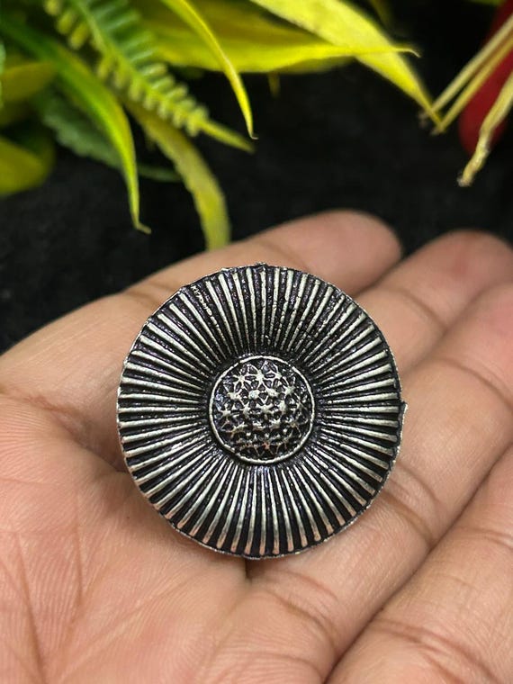 Ethnic Sunburst Sunflower Oxidized Silver Statement Ring