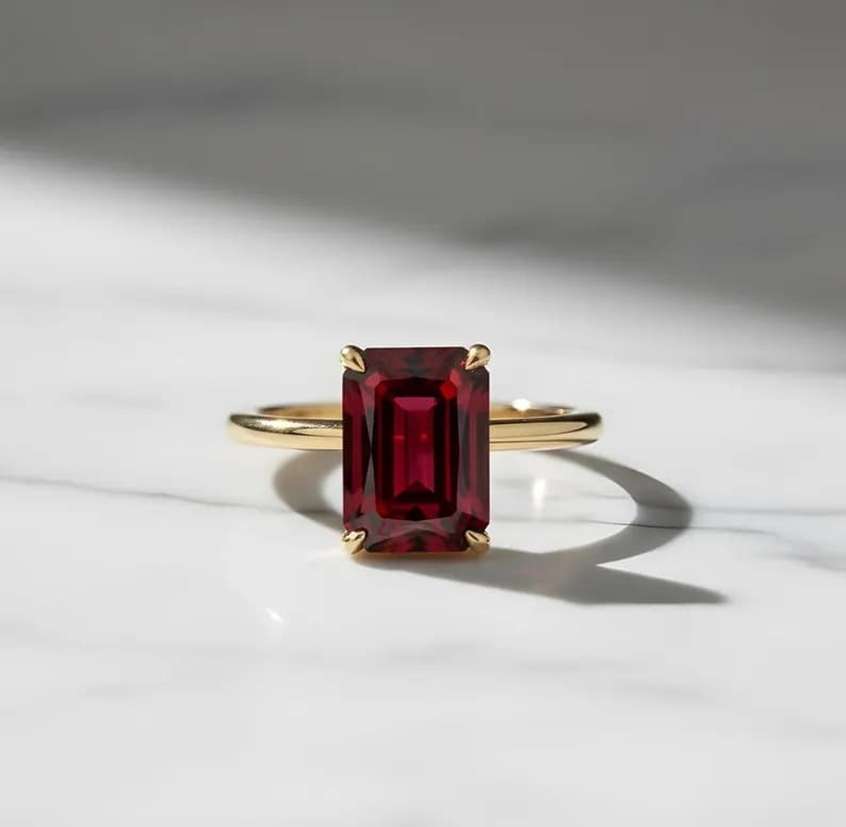Classic Emerald Cut Red Ruby Gold Plated Solitaire Ring