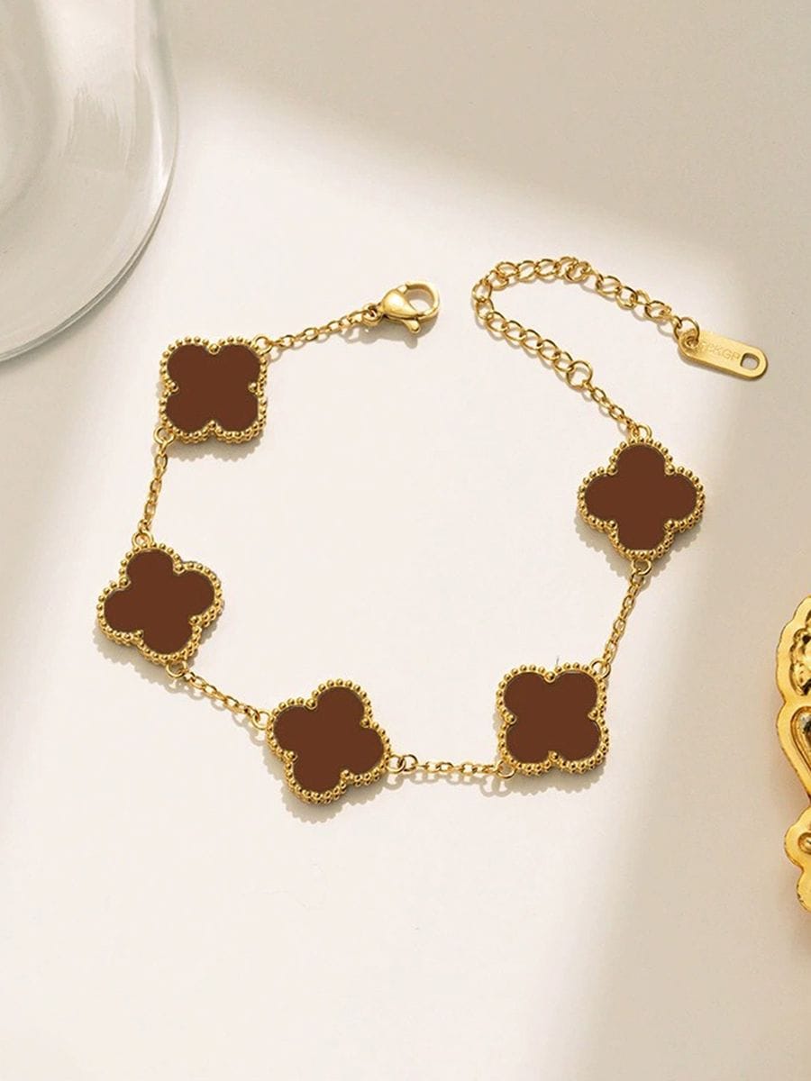 Aesthetic Chocolate Brown Four Leaf Clover Gold Bracelet | Waterproof & Hypoallergenic Women's Chain