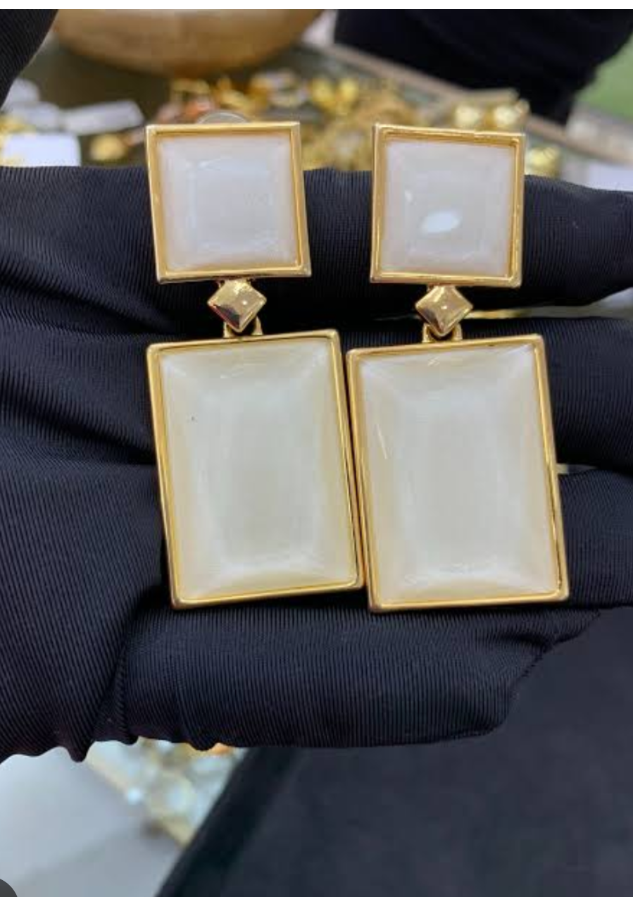 Retro Geometric White Enamel & Gold Drop Statement Earrings
