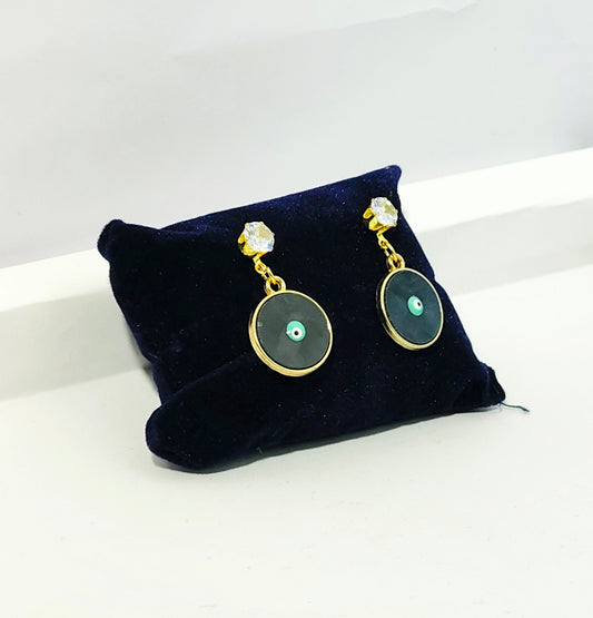 Black Evil Eye Round Dangler Earrings with Gold Finish and Crystal Stud