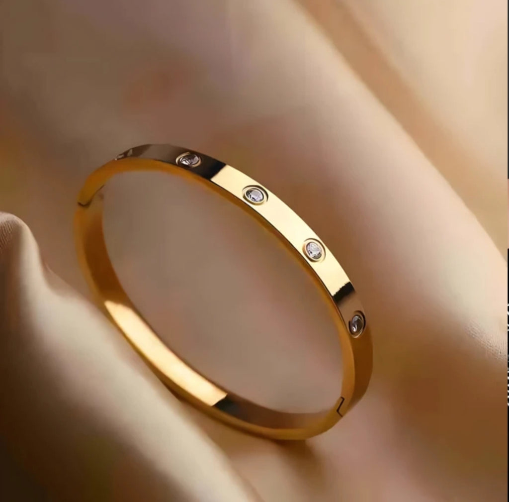 Gold Plated Stainless Steel Stone Studded Love Bangle Bracelet for Women | Anti-Tarnish Oval Kada