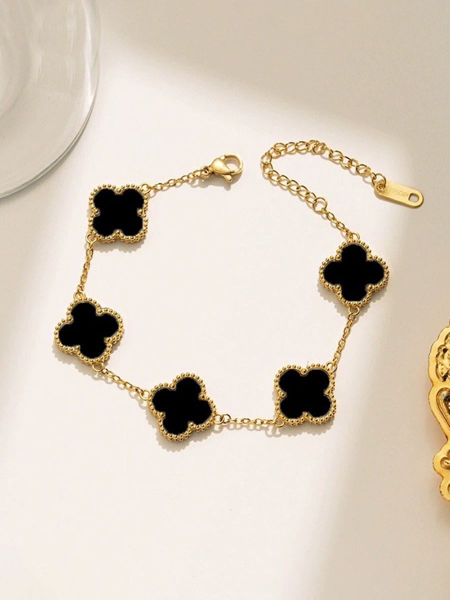 Gold Plated Black Clover Station Bracelet for Women | Anti-Tarnish
