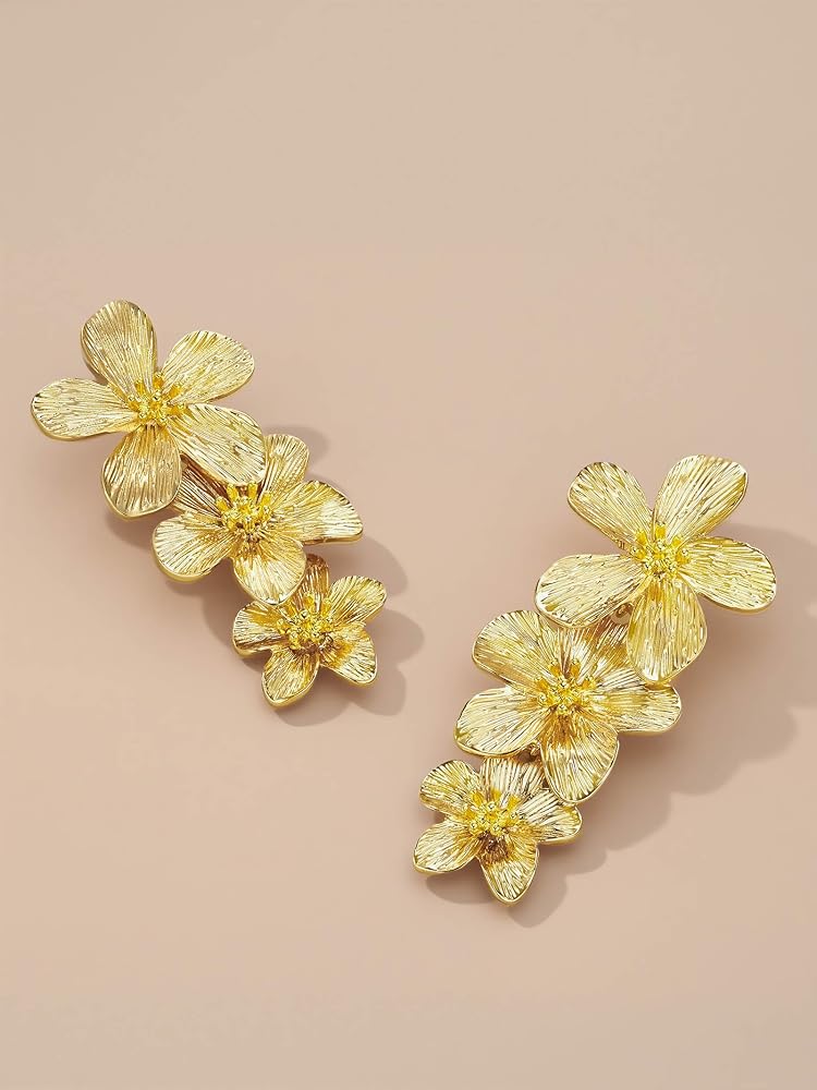 Aesthetic Gold Textured Floral Cascading Drop Earrings for Women & Girls