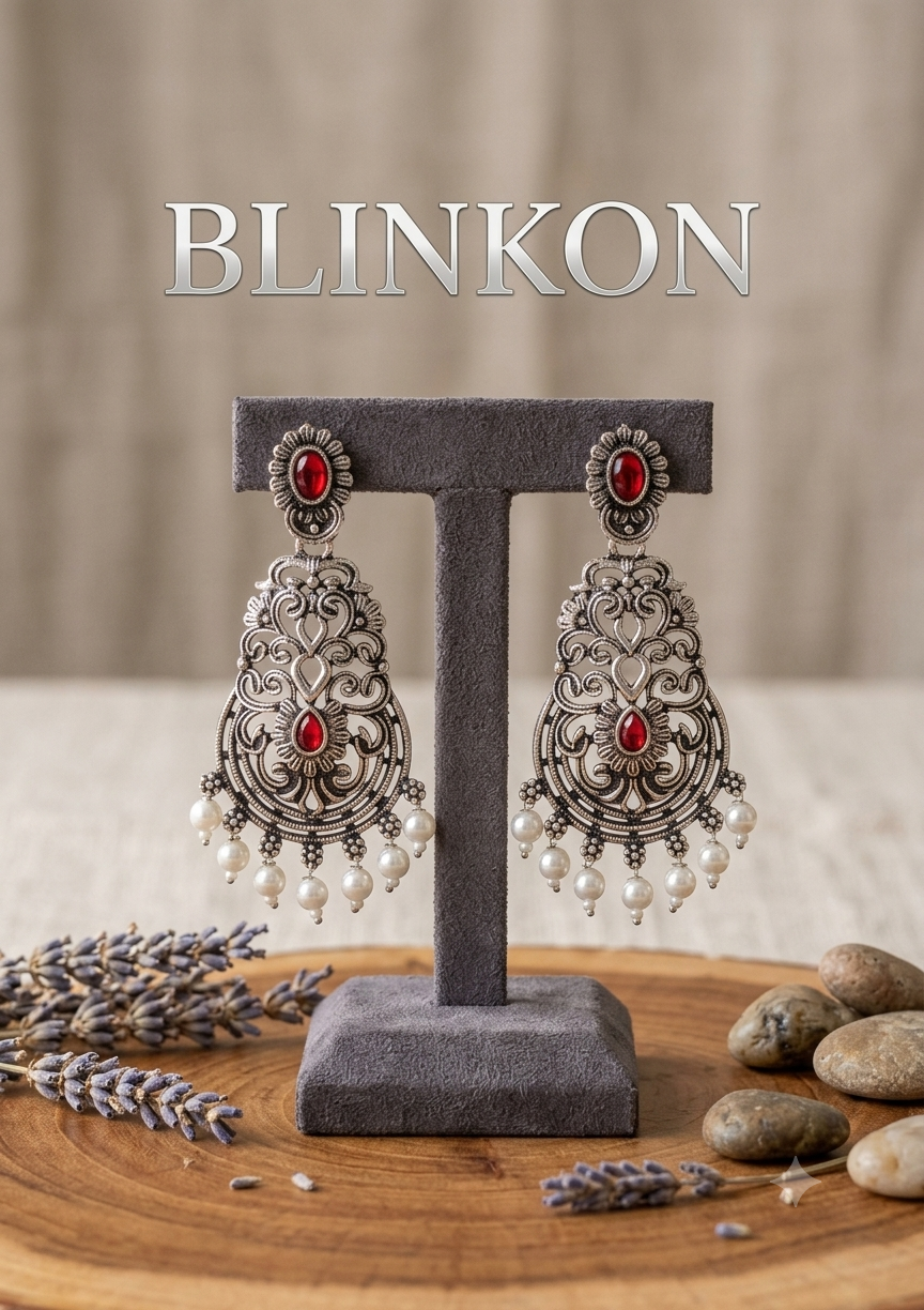 Ethnic Ruby Red Stone Oxidized Silver Filigree Earrings with Pearl Drops