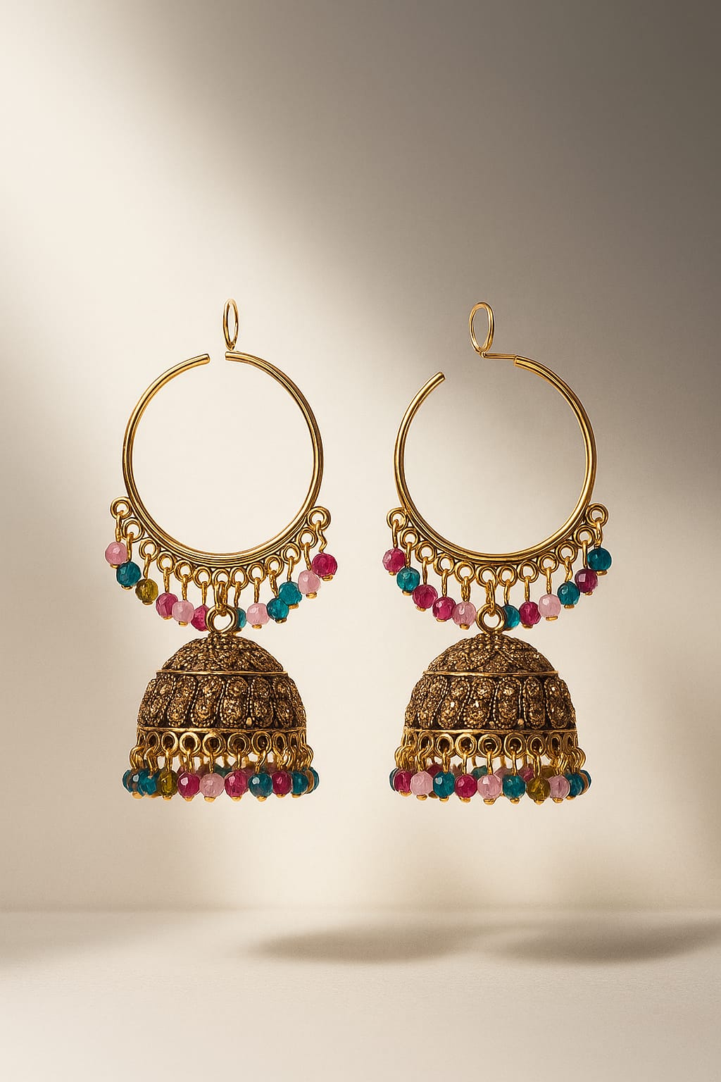 Antique Gold Plated Hoop Jhumka Earrings with Multicolour Beaded Drops for Women